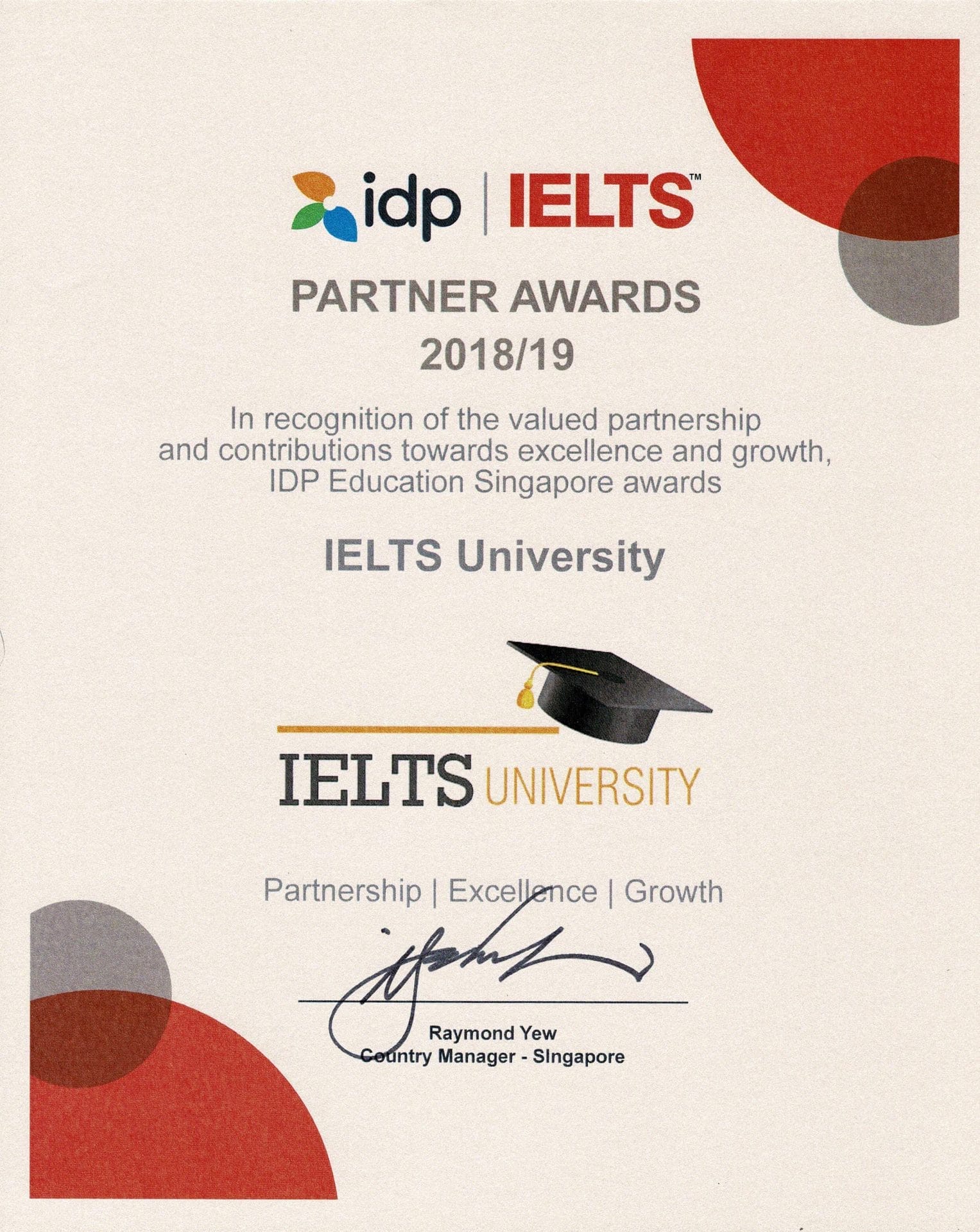 IDP Singapore Partner Certificate - For IELTS University